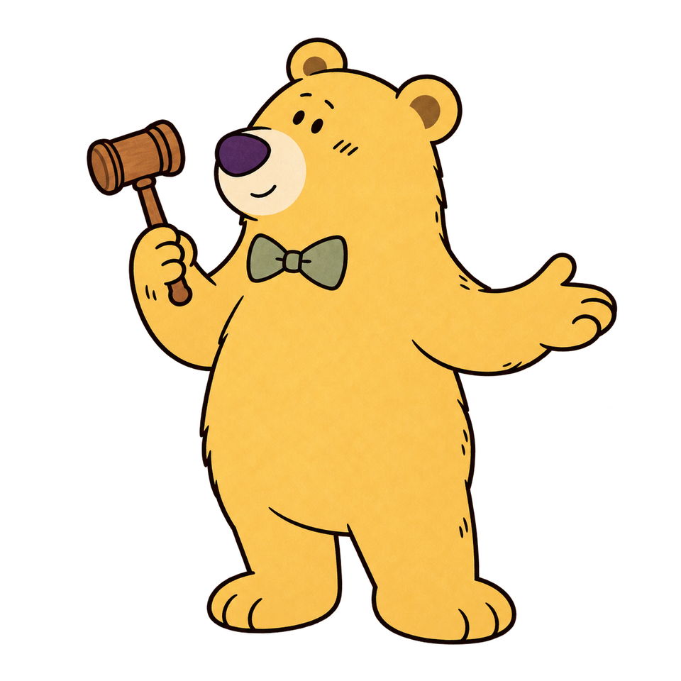 Golden bear wearing an olive bow tie, holding a gavel and making a welcoming gesture.